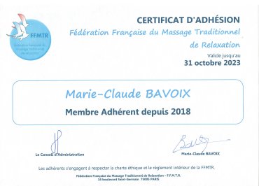 Certifcat d'adhésion à la Fédération Française de Massage Traditionnel (…)